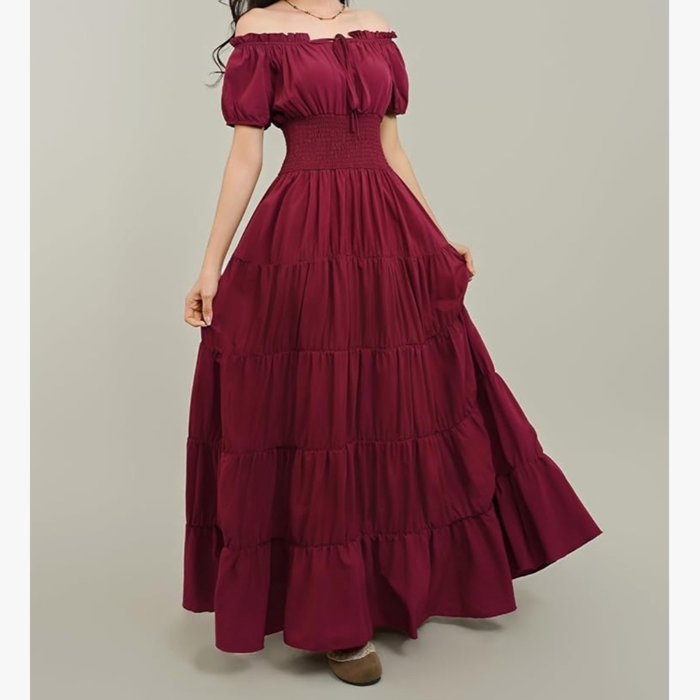 Amazon Red Smocked Off-Shoulder Maxi Gown & Mens Pirate Top